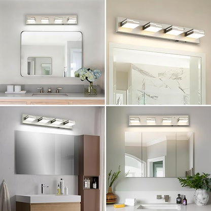 LED Modern Bathroom Vanity Light 4-Light with Motion Sensor Light, 25.5 inch 3CCT Dimmable Nickel Vanity Lights for Bathroom Lighting Fixtures Over Mirror, with 350° Rotatable Acrylic Heads
