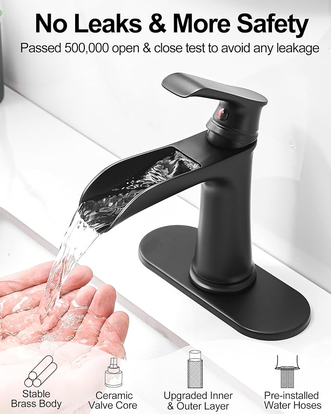 Bathroom Waterfall Faucet, Brass Matte Black Bathroom Faucet, One Handle Bathroom Faucets for Sink 1 Hole or 3 Holes, 4 Inch Bathroom Sink Faucet with Drain Deck Plate Supply Hoses for Lavatory