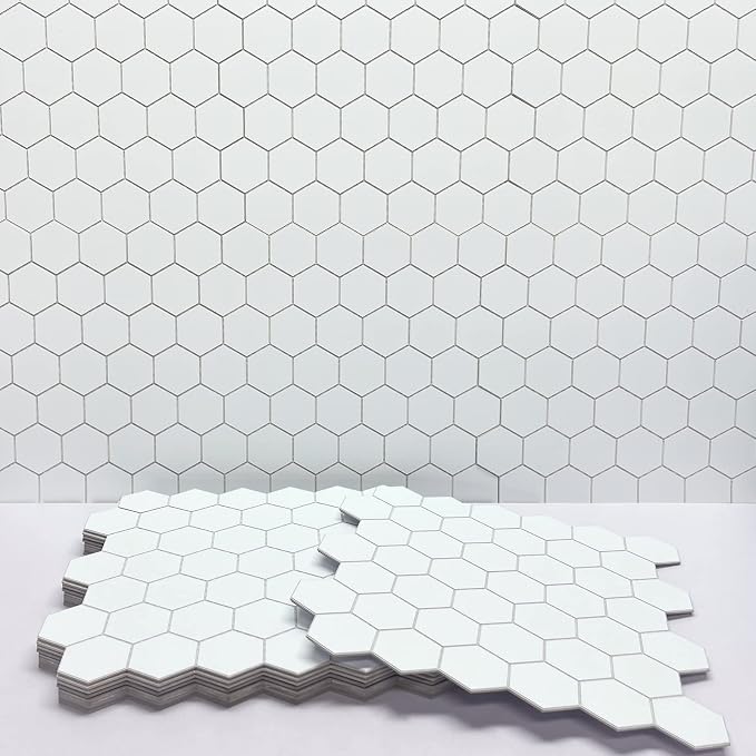 10-Sheet Hexagon Peel and Stick Backsplash, 11.42" x 11.42" White Honeycomb Self-Adhesive Marble Mosaic Wall Tile, Waterproof Stick on Backsplash Tiles for Kitchen Bathroom Shower