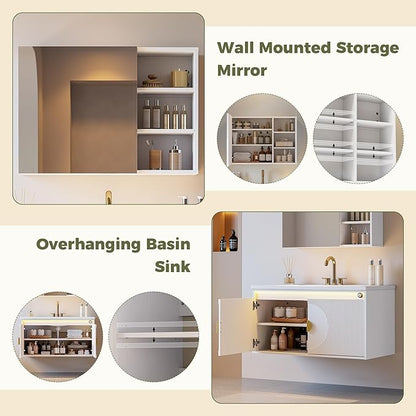 IRONCK Floating Bathroom Vanity with Sink, Mirror Medicine Cabinet, LED Strip Light, 36 Inches Modern Wall Mounted Sink Cabinets & Mirror Cabinets Set with Large Storage Space, White