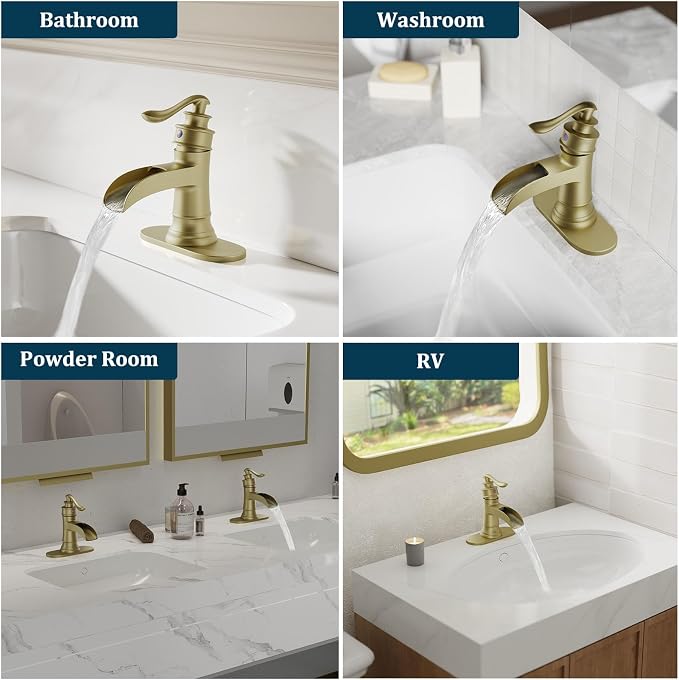 Brushed Gold Waterfall Bathroom Faucet Single Handle Bathroom Sink Faucet | 1 Hole or 3 Hole Sink Brass Waterfall Faucet for Vintage Antique Lavatory Washroom with Pop Up Drain Deck Plate by BATHLAVISH
