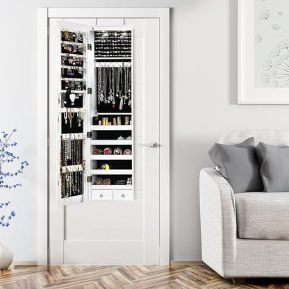 Moccha Wall Door Jewelry Armoire, Full Screen Jewelry Cabinet for Bedroom, Lockable Jewelry Cabinet, Jewelry Organizer Storage with 2 LED Lights and 2 Drawers, White