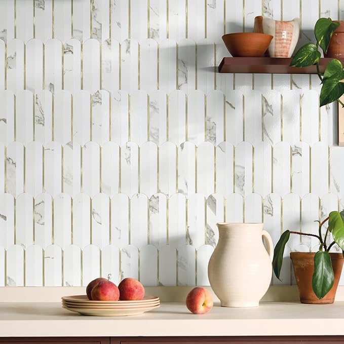 Vamos Tile Peel and Stick Backsplash Seamless Tile,Fish Scale,Glossy,10 pcs | 11.9''x10.8'',White & Gold Marble PVC+Light Gold Stick on Backsplash Tile for Kitchen & Bathroom & Laundry & Camper