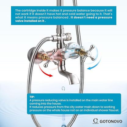 gotonovo Exposed Shower Faucet Set 8 Inch Rainfall Showerhead 3-Function Shower Fixture with Tub Spout 2 Corss Handles Shower System, Brushed Nickel