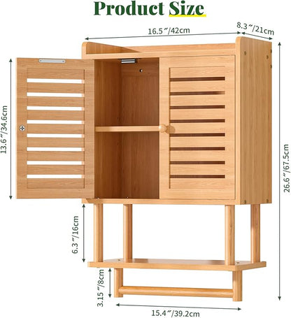 Bathroom Wall Cabinet, Over The Toilet Storage Cabinet with Adjustable Shelves, Medicine Cabinets with Towel Bar, Bamboo Wall Mounted Hanging Cabinet with 2 Door for Laundry Room, Bedroom