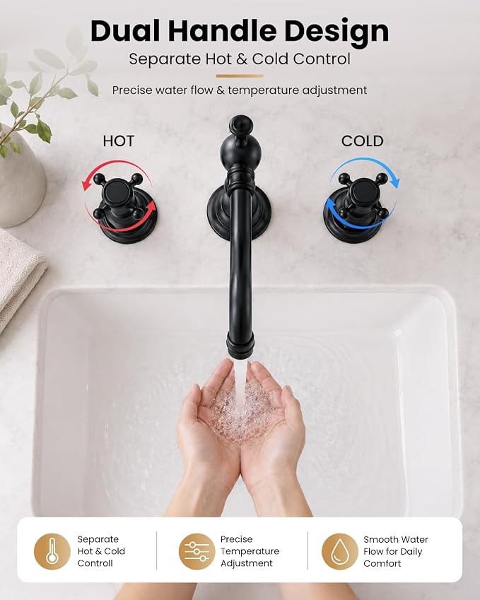 gotonovo 3 Hole 8’’ Widespread Bathroom Sink Faucet Matte Black | Vintage Bathroom Faucet,2 Cross Handle,6-16’’ Sink,Vanity,Basin,RV,Farmhouse,SUS304,24’’ cUPC Hose Pop Up Drain,Deck Mount
