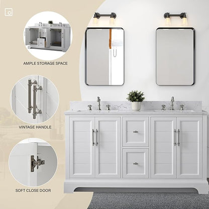 HOMEBEYOND 60 Inch Bathroom Vanity with Double Sink & Ceramic Top, Vanity Cabinet with Center Countertop Basin, Soft-Closing Doors, Backsplash,White