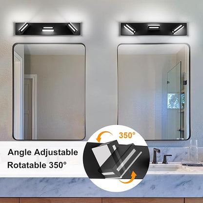 LED Modern Bathroom Light Fixtures, 3-Light 24-Inch Matte Black Vanity Lights for Bathroom Lighting Fixtures Over Mirror, 350° Rotatable Acrylic, 6000K Cool White Wall Lamp