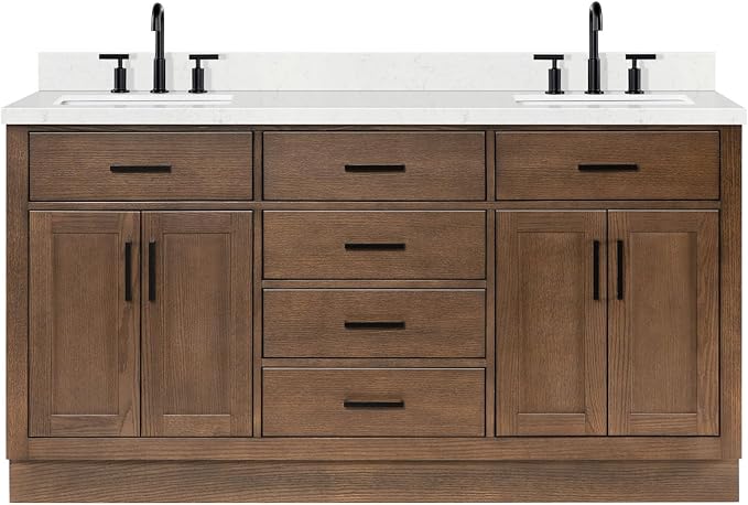 Isabella 66-Inch Brown Oak Double Bathroom Vanity with Sink, 1.5-Inch Edge Carrara White Quartz Countertop & 4" Backsplash, Soft-Closing Doors & Drawers, Solid Oak Wood Construction