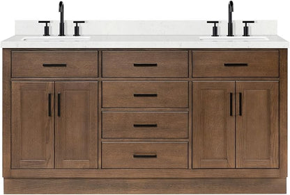 Isabella 66-Inch Brown Oak Double Bathroom Vanity with Sink, 1.5-Inch Edge Carrara White Quartz Countertop & 4" Backsplash, Soft-Closing Doors & Drawers, Solid Oak Wood Construction