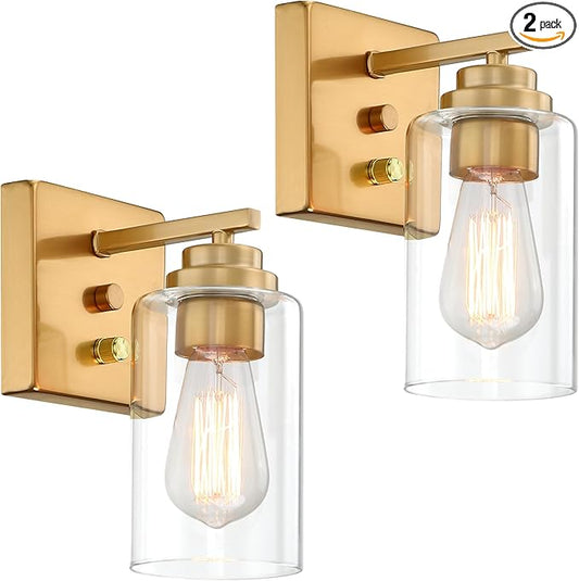 Pia Ricco Wall Sconces Set of 2, Bedside Wall Lamps with Rotary Switch for Bedroom, Modern Bathroom Light Fixtures with Clear Glass Shade, Gold Sconces Wall Lights for Living Room, Hallway, Kitchen