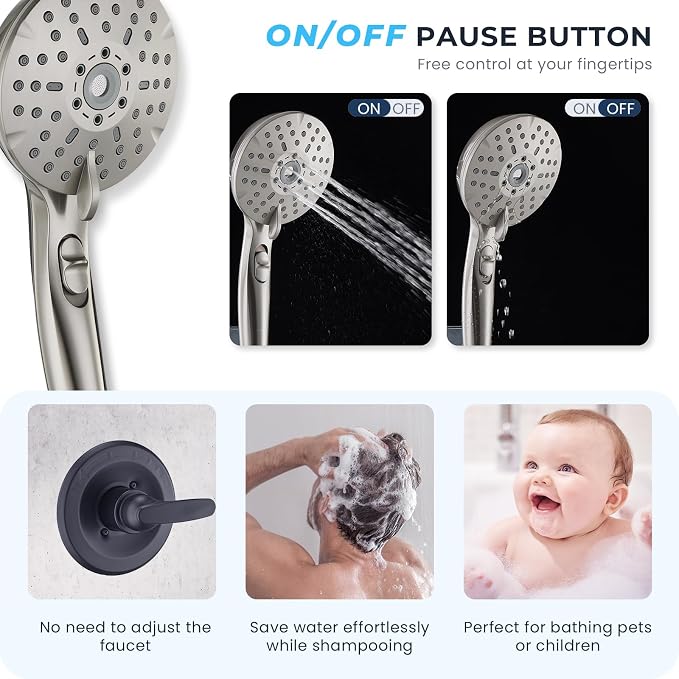 Dual Shower Head Combo, 8'' High Pressure Rain Shower Head with Handheld Spray, 6+1 Spray Settings Handheld Showerhead, Height Adjustable, One-touch Pause Button, Brushed Nickel