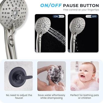 Dual Shower Head Combo, 8'' High Pressure Rain Shower Head with Handheld Spray, 6+1 Spray Settings Handheld Showerhead, Height Adjustable, One-touch Pause Button, Brushed Nickel