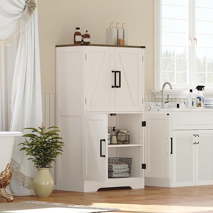 Treocho Farmhouse Bathroom Floor Cabinet with Adjustable Shelves | 13.78"D x 23.62"W x 43.46"H, Freestanding Kitchen Pantry Cabinet, Cupboard for Living Room, Dining Room, White