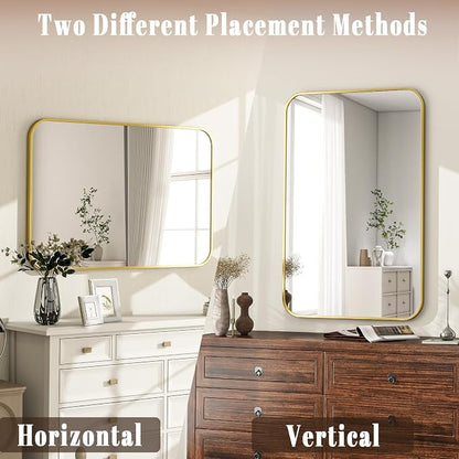 24x36 Inch Gold Bathroom Vanity Mirror for Over Sink | Rectangle Wall Mirror for Bathroom with Round Corner, Hangs Horizontally Vertically for Living Room, Bedroom as Home Decor
