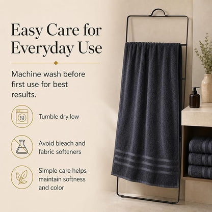 Velqora Bath Towels, 2 Pack, 30 x 60 in, 100% Cotton, Soft, Gray | Balanced Weight | Everyday Comfort | Easy Care