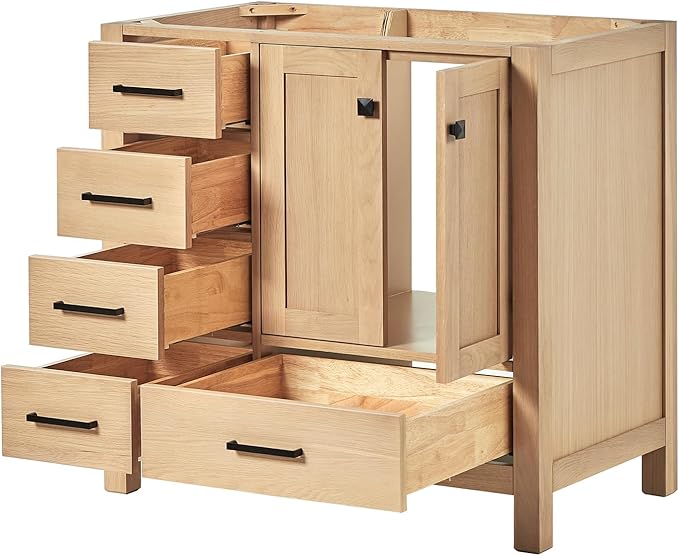 ARIEL Cambridge 36-inch Bathroom Vanity Base Cabinet,Solid Wood, 2 Soft Closing Doors, 5 Dovetail Drawers, White Oak