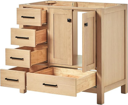 ARIEL Cambridge 36-inch Bathroom Vanity Base Cabinet,Solid Wood, 2 Soft Closing Doors, 5 Dovetail Drawers, White Oak