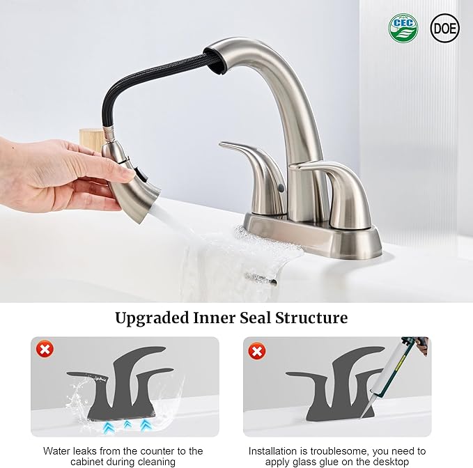 Ultimate Unicorn Brushed Nickel Bathroom Sink Faucet - 4 Inch Centerset Pull Down Vanity Faucets 3 Hole with Pop Up Drain - Two Handle Modern Washbasin Tap Set with Pull Out Sprayer for Rv Restroom