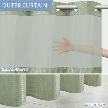 Furlinic Stall Shower Curtain No Hook with Snap in Liner,Waffle Weave Waterproof Bathroom Curtains with See Through Top Window & Weighted Magnets,Sage Green,54x80 Inch