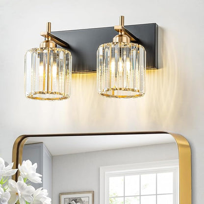 2-Light Crystal Bathroom Vanity Lights, Black Gold Modern Bathroom Light Fixtures Over Mirror Crystal Wall Lighting with Polished Gold Finish