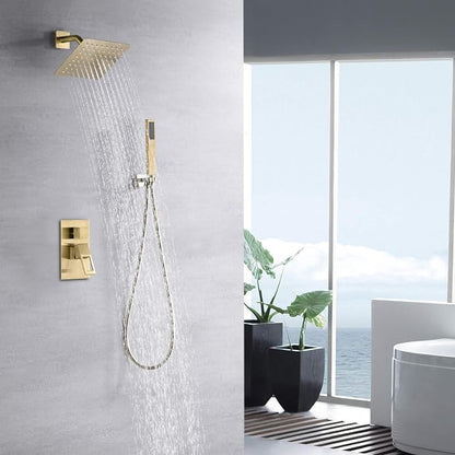 SUMERAIN Rain Shower System Brushed Gold with Rain Shower and Handheld | Dual Functions, Includes 8" High Pressure Shower Head, Brass Rough-In Valve, Hand Shower, Modern Style