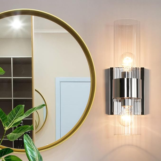 Modern Bathroom Sconces Wall Lighting with Clear Ribbed Glass, Polished Nickel 2-Light Bathroom Vanity Light Fixtures for Mirror Living Room Hallway Bedroom