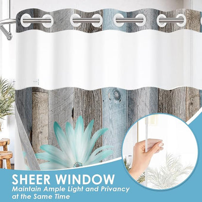 No Hook Shower Curtain with Snap in Liner 71x86 Inch Teal Daisy | Butterfly Farmhouse Rustic Modern Double Layers Waterproof Fabric with See Through Top Window Open Grommet Bath Curtain