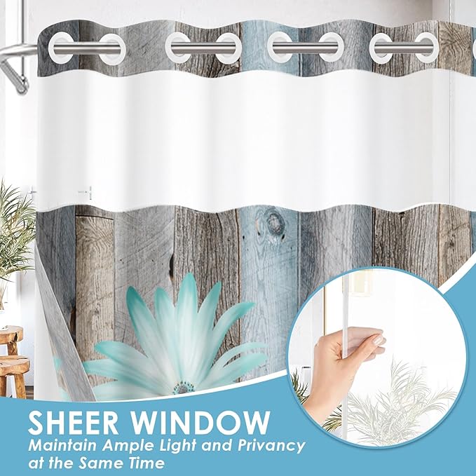 No Hook Shower Curtain with Snap in Liner 54x80 Inch Teal Daisy | Butterfly Farmhouse Rustic Modern Double Layers Waterproof Fabric with See Through Top Window Open Grommet Bath Curtain