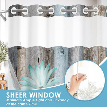 No Hook Shower Curtain with Snap in Liner 54x80 Inch Teal Daisy | Butterfly Farmhouse Rustic Modern Double Layers Waterproof Fabric with See Through Top Window Open Grommet Bath Curtain