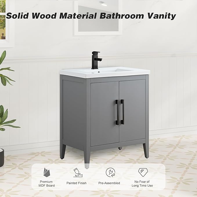 HomeBeyond 30 Inch Bathroom Vanity with Sink & Ceramic Top, Single Vanity Cabinet with Basin, Soft-Closing Doors & Matte Black Hardware, Grey