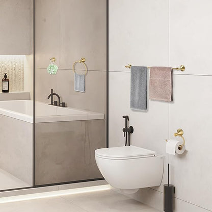 Brushed Gold Bathroom Hardware Set Wall Mounted Gold Accessories Set 4 Pieces Bathroom Hardware Set, 23.6 inch Towel Bar | Towel Hook | Toilet Paper Holder | Hand Towel Holder