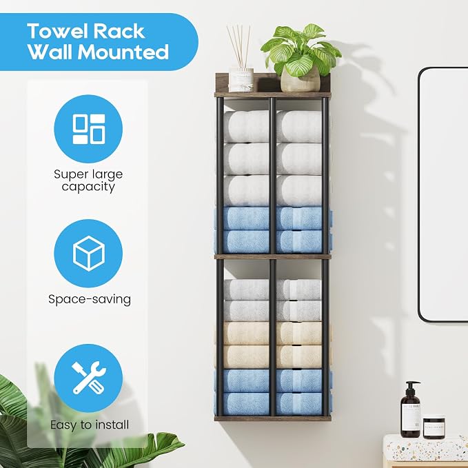 Towel Racks for Bathroom Wall Mounted with Wooden Storage Shelf | Updated 3 Bar Metal Towel Holder for Rolled Towels, Sturdy and Large Capacity, Towel Storage Organizer