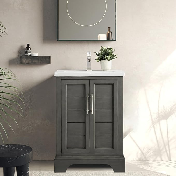 HOMEBEYOND 24 Inch Bathroom Vanity with Single Sink & Ceramic Top, Vanity Cabinet with Center Countertop Basin, Soft-Closing Doors,Sliver Grey