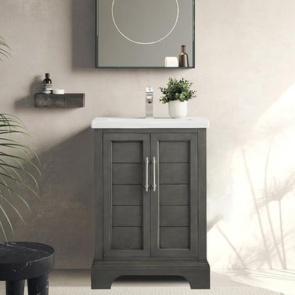 HOMEBEYOND 24 Inch Bathroom Vanity with Single Sink & Ceramic Top, Vanity Cabinet with Center Countertop Basin, Soft-Closing Doors,Sliver Grey