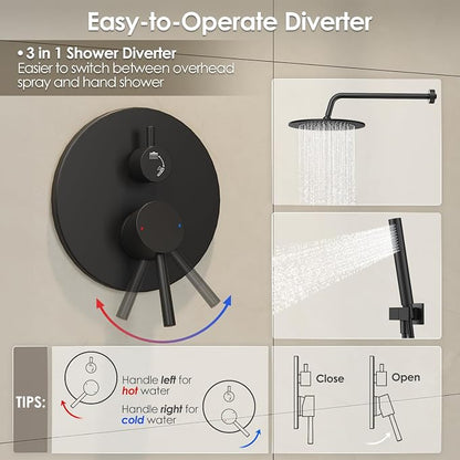 Gabrylly Shower System, 10" Wall Mounted Shower Faucet Set, Matte Black | Rain Shower Head with Handheld Spray Combo, All Metal Rainfall Shower Head Complete Set Shower Mixer Valve for Bathroom