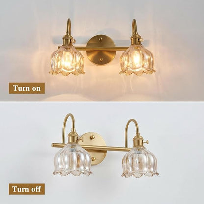 Bathroom Light Fixtures, 3-Light Brass Vanity Wall Light with Amber Tulip Glass Shades, Vintage Wall Sconce Over Mirror for Bathroom, Bedroom, Living Room (Bulbs Not Included) (Amber, 2-Light)