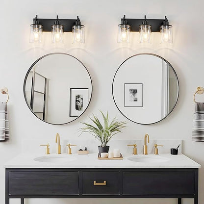 3-Light Black Bathroom Light Fixture Over Mirror Modern Farmhouse Bathroom Vanity Light Vintage Wall Lighting with Clear Glass Shade for Bathroom, Bedroom, Hallway, Cabinet