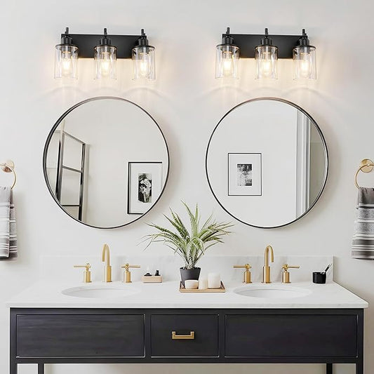 3-Light Black Bathroom Light Fixture Over Mirror Modern Farmhouse Bathroom Vanity Light Vintage Wall Lighting with Clear Glass Shade for Bathroom, Bedroom, Hallway, Cabinet