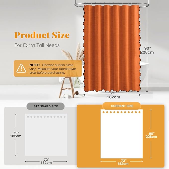 BTTN Extra Long Shower Curtain, 72x90 Boho Scalloped Linen Textured Heavy Duty Fabric Shower Curtain Set with 12 Hooks, Large Vintage Country Waterproof Washable Shower Curtains for Bathroom, Orange