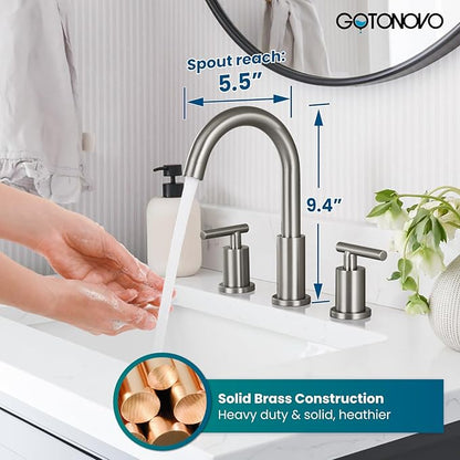 gotonovo 3 Hole 2 Handles Lavatory Basin Bathroom Sink Faucet with Pop Up Drain with Hot and Cold Mixer Valves 8 Inch Widespread Bathroom Faucet Brushed Nickel