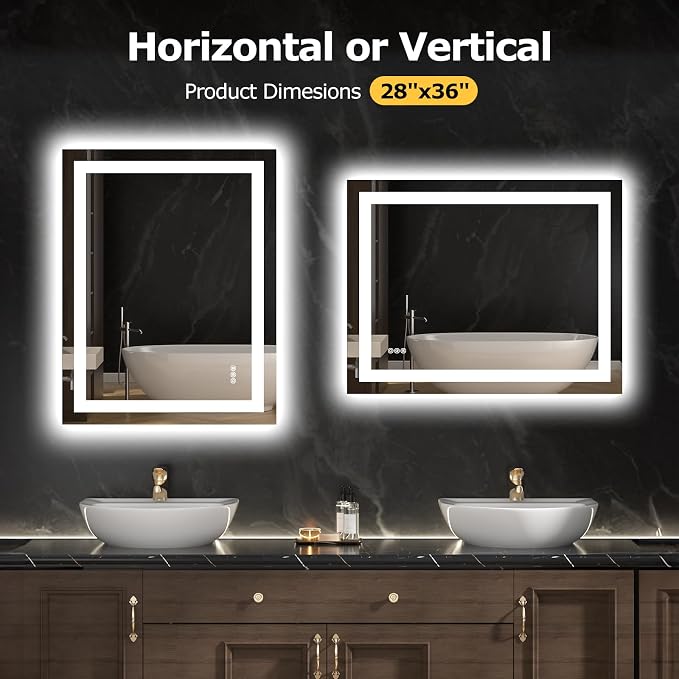 Hivone 28"X36" LED Bathroom Mirror with Lights, Anti-Fog, Dimmable, Backlit + Front Lit, Smart Bathroom Vanity Mirror, Memory Function, Shatterproof, Tempered Glass (Horizontal/Vertical)