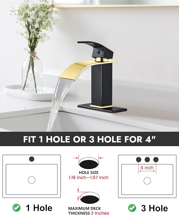 Midanya Waterfall Bathroom Faucet 1 Hole,Polish Gold Spout/Matte Black | with 24” Hoses,Pop Up Drain,6” Deck Plate,for 1 or 3 Hole Vanity,Lavatory,RV,Single Handle Bathroom Sink Faucet,NSF Certified