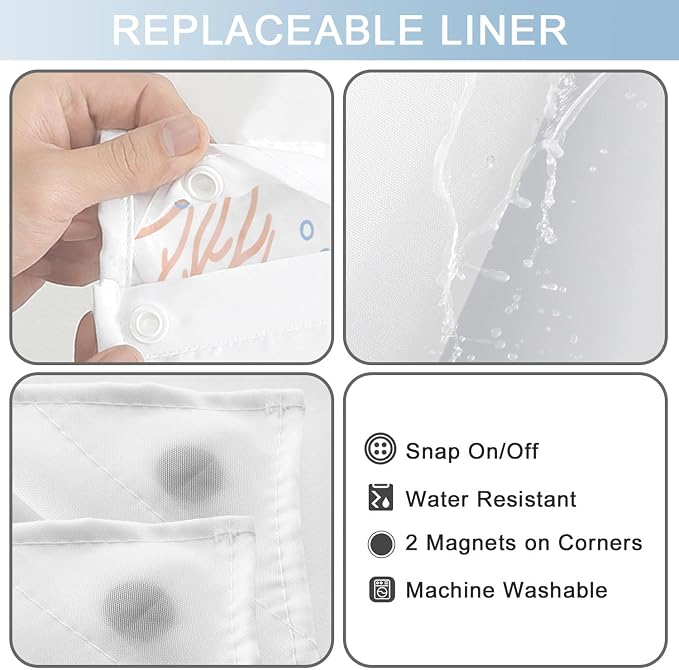 No Hook Shower Curtain and Liner Set, Orange Beach Coastal 71x84 | Nautical Ocean for Bathroom, with Snap in Liner Replacement, Mesh Top Window, Waterproof, Machine Washable, Quick-Drying