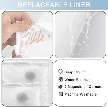 No Hook Shower Curtain and Liner Set, Orange Beach Coastal 71x84 | Nautical Ocean for Bathroom, with Snap in Liner Replacement, Mesh Top Window, Waterproof, Machine Washable, Quick-Drying