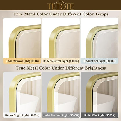 Brushed Gold Bathroom Mirror 24 x 30 Beveled Edge Tempered Glass, Rounded Corner Rectangle Bathroom Mirror for Over Sink for Modern Bathroom, Living Room, Bedroom, Entryway