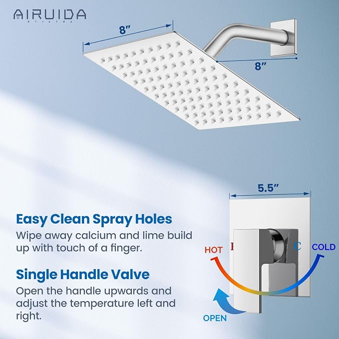 Airuida Shower Faucet Set,8 Inch Shower Valve Kit,Chrome Polish | Male Threads,Rough-in Valve Shower Trim Kit,Single Handle Control Shower Set