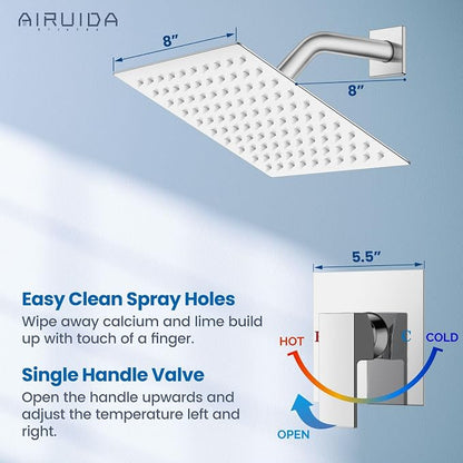 Airuida Chrome Polish Shower Faucet Set,8 Inch Shower Valve Kit | Square Showerhead,Female Thread Rough-in Valve,Bathroom Rain Shower System,Single Function Handle