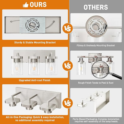 3-Light Bathroom Lighting Fixtures over Mirror, Brushed Nickel Vanity Lights with Square Transparent Glass Shade. Modern Bathroom Vanity Light for Mirror Kitchen, Living Room, Gallery, Hallway