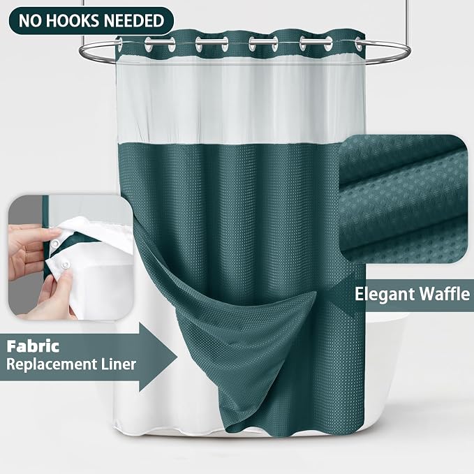 No Hook Shower Curtain and Liner Set,Seaweed Green Hotel Waffle Shower Curtain with Liner 75" L x 72" W